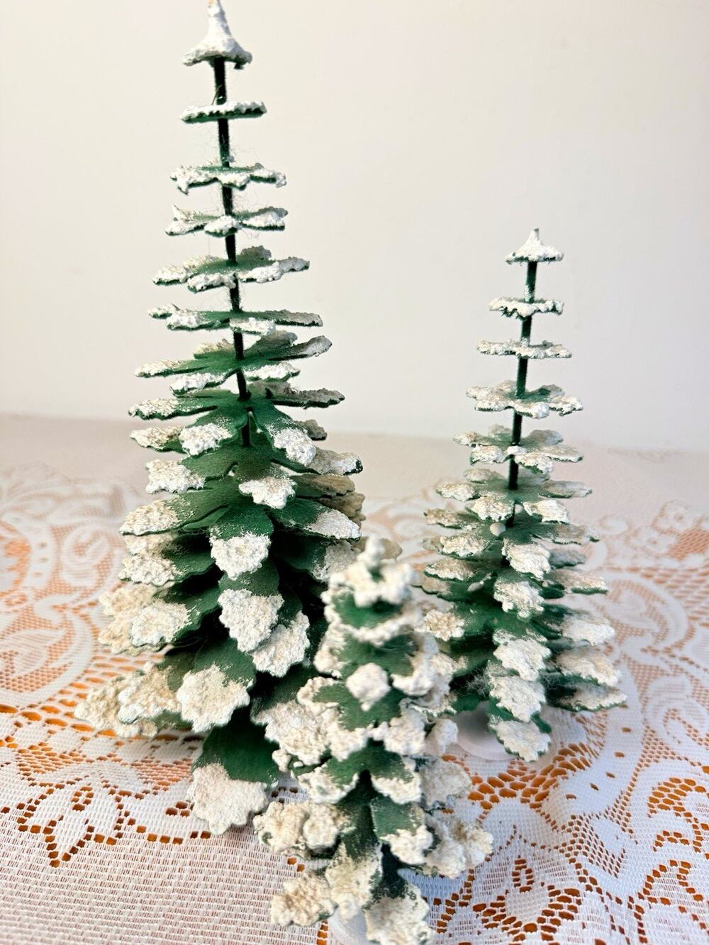 Dept 56 Set of 3 Mini Snow Flocked Felt Pine Trees 7’ Christmas Village -Read